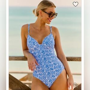 Bravissimo Crete One Piece Plunge Swimsuit in Blue and White| Size: 40 HH/40 L